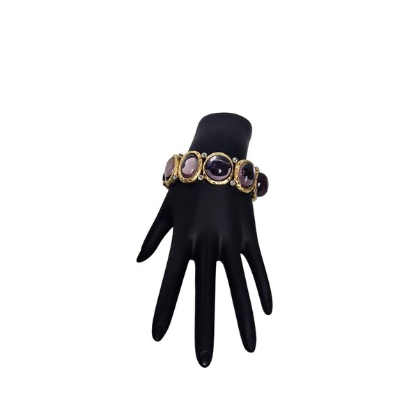 Kenneth Lane Gold Tone Rhinestone And Purple Cabochon Stretch Bracelet (6246)